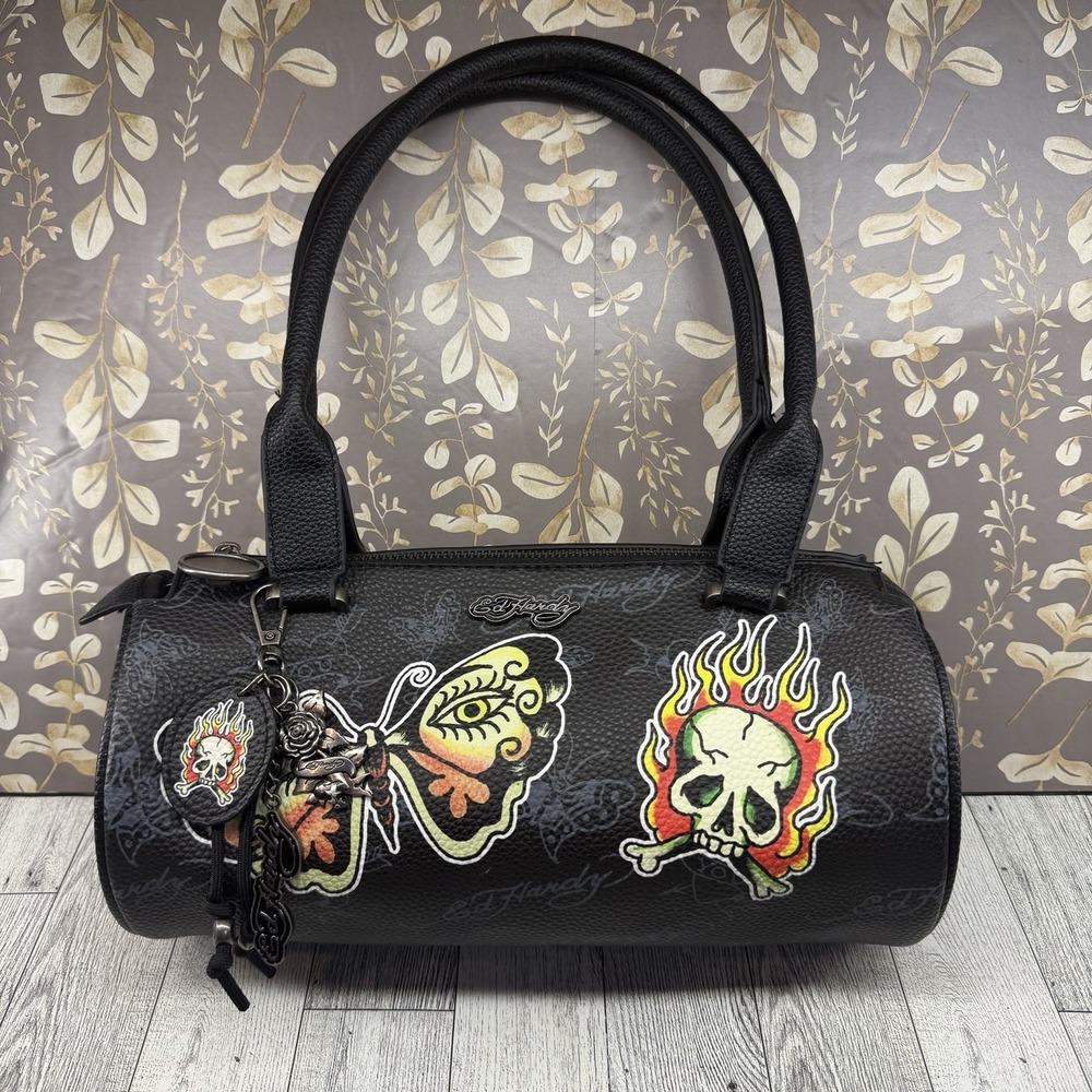 Ed Hardy Y2K Butterfly Barrel Tote Shoulder Bag Skull Charm Black 2000s Grunge